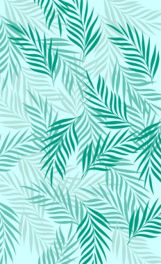 Açık mavi arkaplanda kusursuz tropik yeşil yaprakların örtüşmesi, taze, canlı ve rahatlatıcı botanik estetik, düz çizgi vektörü ve resimleme.