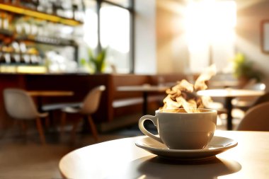 Dumanı tüten bir fincan kahve bir kafe masasında oturur, güneş ışığı sessiz bir kafeye akar. Ilık ışıltı bulanık arkaplanda rahat bir atmosfer yaratır..