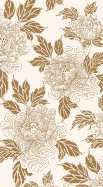 Zarif çiçek deseni, ince şakayık çiçekleri ve açık bej arka planda altın kahverengiyle yapraklar çizerek klasik ve estetik, düz çizgili bir vektör ve illüstrasyon oluşturuyor..