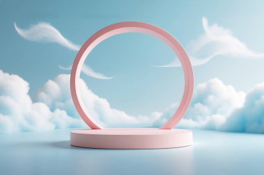 Pastel renkli, yuvarlak bir sahne pembe halka şeklinde bir yapı yumuşak mavi bir gökyüzüne karşı duruyor ve içi tüylü beyaz bulutlarla dolu. Minimalist tasarım temiz ve modern bir görünüm yaratıyor..