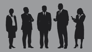 Gri arkaplan, düz çizgi vektörü ve illüstrasyon üzerinde yan yana duran siluet içindeki bir grup iş adamı..