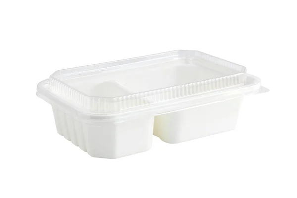 Twee Compartimenten White Paper Lunchbox Met Clear Cover Geïsoleerd Witte — Stockfoto
