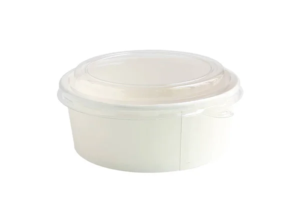 Ronde Witte Papier Food Bowl Met Clear Cover Geïsoleerd Witte — Stockfoto