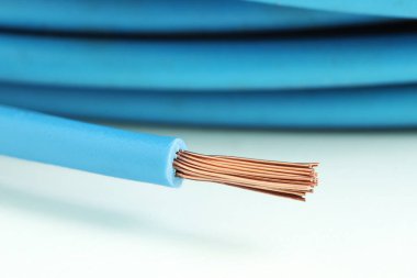 Tek Çekirdek Mavi Mahsur Kalmış Yalıtılmış Bakır Elektriksel Kondüktör Kapatma Macro Görünümü