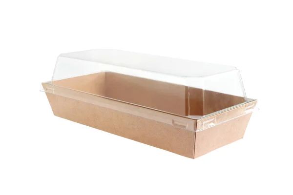 Brown Paper Food Container Clear Cover Elszigetelt Fehér Háttér Nyírás — Stock Fotó
