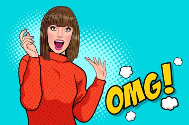 Şaşırmış kadın OMG yüz wow ve ellerini Retro Vintage Pop Art Comic Style ile ağzını kapattı