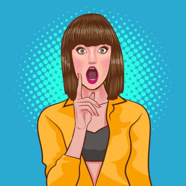 Şaşırmış kadın OMG yüz wow ve ellerini Retro Vintage Pop Art Comic Style ile ağzını kapattı