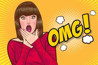 Şaşırmış kadın OMG yüz wow ve ellerini Retro Vintage Pop Art Comic Style ile ağzını kapattı