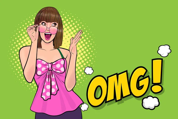 Surprise Femme Omg Visage Wow Couvert Bouche Avec Ses Mains — Image vectorielle