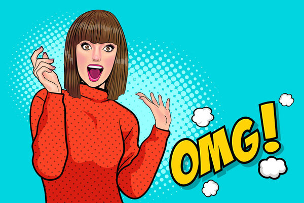 surprised woman OMG face wow and covered her mouth with her hands In Retro Vintage Pop Art Comic Style