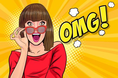 Sürprizli kısa saçlı kadın OMG wow görünümlü Retro Vintage Pop Art Comic Style 'da elleri ve ağzı kapalı