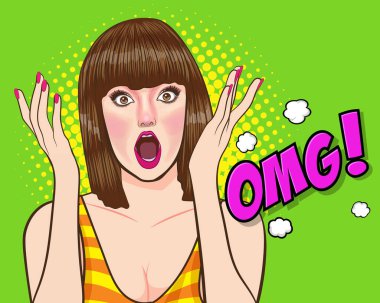 Sürprizli kısa saçlı kadın OMG wow görünümlü Retro Vintage Pop Art Comic Style 'da elleri ve ağzı kapalı