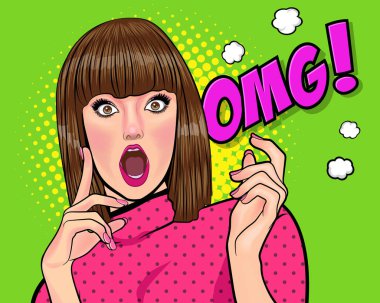 Sürprizli kısa saçlı kadın OMG wow görünümlü Retro Vintage Pop Art Comic Style 'da elleri ve ağzı kapalı