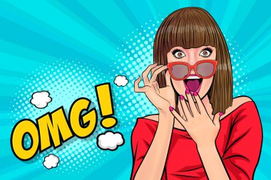 sürpriz kısa saçlı kadın OMG yüzü wow Retro Vintage Pop Art Comic Style 