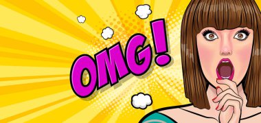 sürpriz kısa saçlı kadın OMG yüzü wow Retro Vintage Pop Art Comic Style 