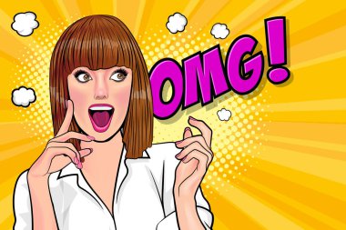 sürpriz kısa saçlı kadın OMG yüzü wow Retro Vintage Pop Art Comic Style 