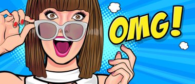 sürpriz kısa saçlı kadın OMG yüzü wow Retro Vintage Pop Art Comic Style 