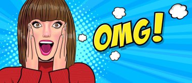 Sürprizli kısa saçlı kadın OMG wow görünümlü Retro Vintage Pop Art Comic Style 'da elleri ve ağzı kapalı