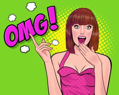 Sürprizli kısa saçlı kadın OMG wow görünümlü Retro Vintage Pop Art Comic Style 'da elleri ve ağzı kapalı