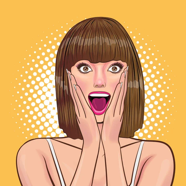 Surprise Short Hair Woman Omg Looking Wow Covered Mouth Hands — Stock Vector