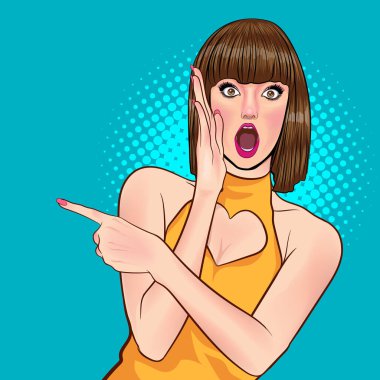 Sürprizli kısa saçlı kadın OMG wow görünümlü Retro Vintage Pop Art Comic Style 'da elleri ve ağzı kapalı