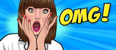 Sürprizli kısa saçlı kadın OMG wow görünümlü Retro Vintage Pop Art Comic Style 'da elleri ve ağzı kapalı