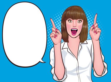 Şaşırtıcı kısa saçlı kadın OMG yüzü Retro Vintage Pop Art Comic Style 'ı gösteriyor.