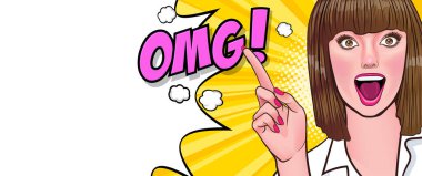 Şaşırtıcı kısa saçlı kadın OMG yüzü Retro Vintage Pop Art Comic Style 'ı gösteriyor.