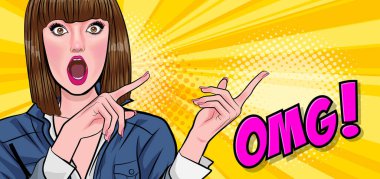 Şaşırtıcı kısa saçlı kadın OMG yüzü Retro Vintage Pop Art Comic Style 'ı gösteriyor.