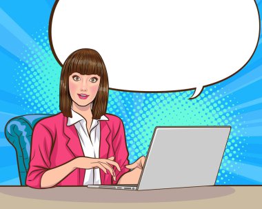 İş kadını, şanslı bir şeyin Retro Vintage Pop Art Comic Style dizüstü bilgisayarında çalışmasına şaşırdı.