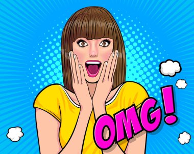 Sürprizli kısa saçlı kadın OMG wow görünümlü Retro Vintage Pop Art Comic Style 'da elleri ve ağzı kapalı