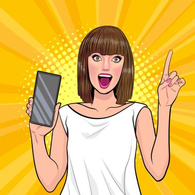Kadın yüzü wow ve elinde akıllı telefon, pop, art, retro, komedi tarzı.