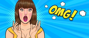 sürpriz kısa saçlı kadın OMG yüzü wow Retro Vintage Pop Art Comic Style 