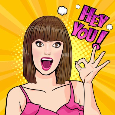 Sürprizli kısa saçlı kadın OMG wow görünümlü Retro Vintage Pop Art Comic Style 'da elleri ve ağzı kapalı