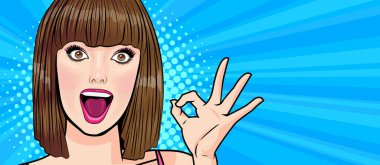 Sürprizli kısa saçlı kadın OMG wow görünümlü Retro Vintage Pop Art Comic Style 'da elleri ve ağzı kapalı