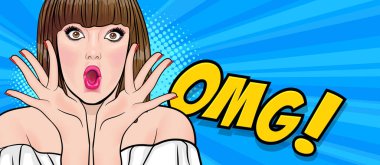 Sürprizli kısa saçlı kadın OMG wow görünümlü Retro Vintage Pop Art Comic Style 'da elleri ve ağzı kapalı