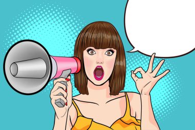 Sürpriz başarılı iş kadını elinde megafonla Pop Art retro komedi stili