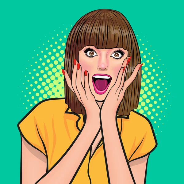 Surprise Short Hair Woman Omg Looking Wow Covered Mouth Hands — Stock Vector