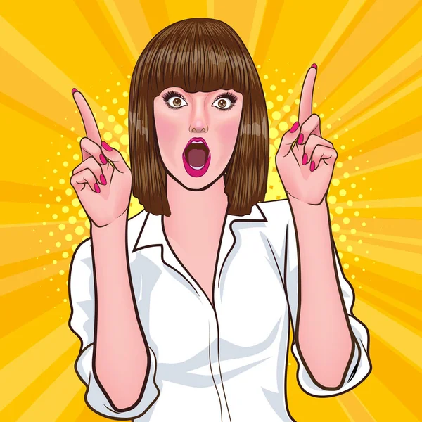 Surprise Short Hair Woman Omg Face Wow Pointing Retro Vintage — Stock Vector