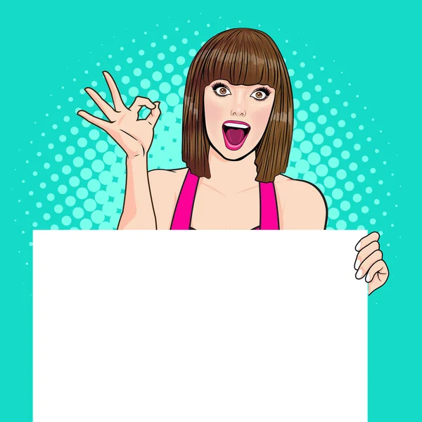 Woman Showing Okay Gesture Action Background Pop Art Comics Style — Stock Vector