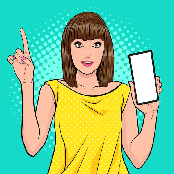 Femme Visage Wow Tenant Smartphone Pop Art Rétro Style Comique — Image vectorielle