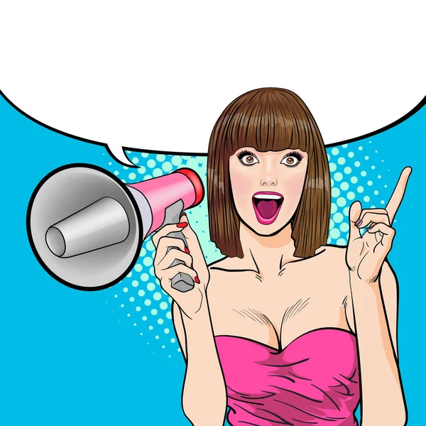 Surprise Successful Business Woman Holding Megaphone Pop Art Retro Comic — Stock Vector