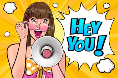 İndirim ya da satış duyurusu yapan megafonlu bir iş kadını. Özel teklif, alışveriş zamanı, protesto ya da Retro Pop Art Comic Style 'da buluşma.