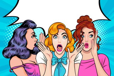 Bir kadın arkadaşına dedikodu ya da sır fısıldıyor. Retro Vintage Pop Art Comic Style 'da sürpriz.
