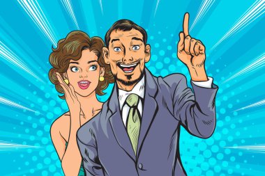İnsanlar arkadaşlarına dedikodu ya da iş sırrı fısıldıyor. Retro Vintage Pop Art Comic Style 'da şaşırdılar.