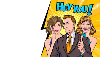 İnsanlar arkadaşlarına dedikodu ya da iş sırrı fısıldıyor. Retro Vintage Pop Art Comic Style 'da şaşırdılar.