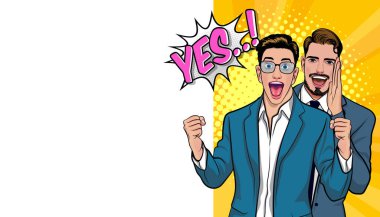 İş adamlarının dedikodu ya da iş sırrını arkadaşlarına fısıldaması Retro Vintage Pop Art Comic Style 'da sürpriz oldu