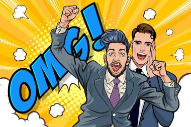 İş adamlarının dedikodu ya da iş sırrını arkadaşlarına fısıldaması Retro Vintage Pop Art Comic Style 'da sürpriz oldu
