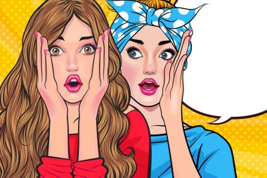 Bir kadın arkadaşına dedikodu ya da sır fısıldıyor. Retro Vintage Pop Art Comic Style 'da sürpriz.