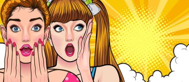 Bir kadın arkadaşına dedikodu ya da sır fısıldıyor. Retro Vintage Pop Art Comic Style 'da sürpriz.